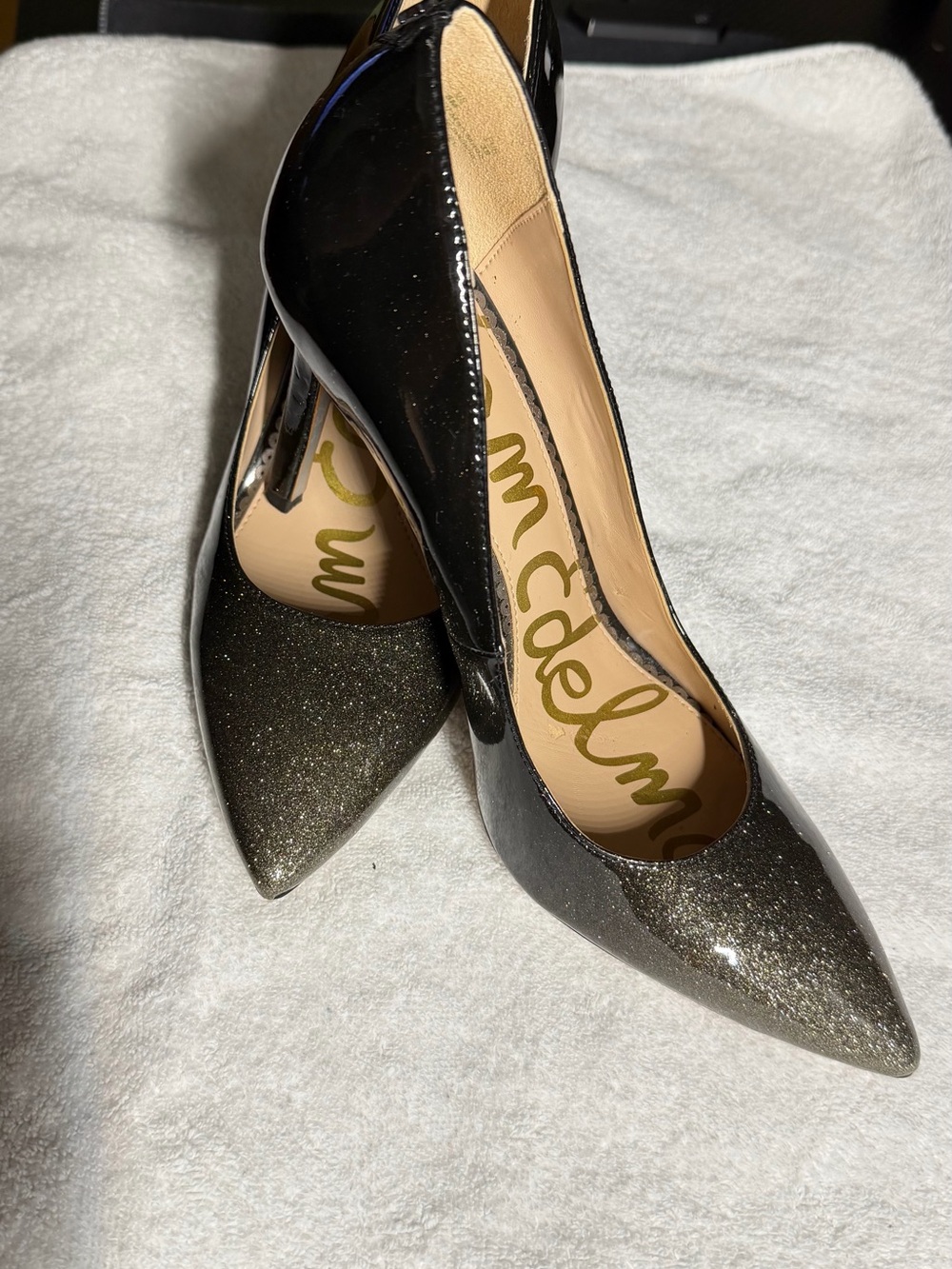 Sam Edelman Black Patent Pointed Toe Heels with Glitter Toes